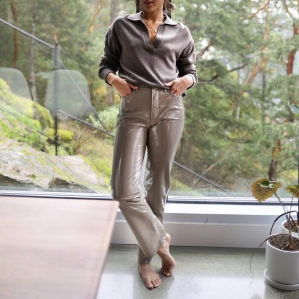 NWT AGolde Recycled Leather 90's Pinch Waist Jeans in Quail Patent Taupe Grey 27